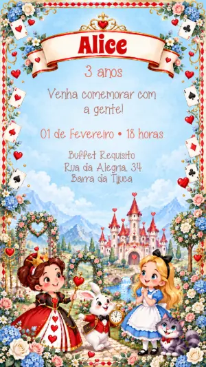 Convite de Aniversário Alice no País das Maravilhas Editável