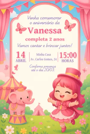 Convite Aniversário Circo Rosa Menina para Editar Online