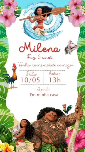Convite de Aniversário Moana e Maui para Editar Online