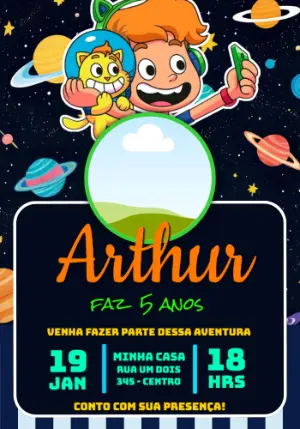 Convite de Aniversário Infantil Gato Galáctico Editável