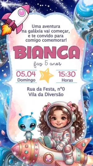 Convite de Aniversário Astronauta Menina Rosa Editável