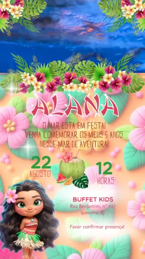 Convite Animado Moana para Aniversário Infantil Editável