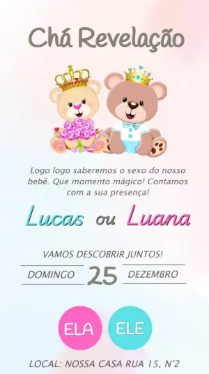 Convite Chá Revelação Ursinho Príncipe e Princesa Editável
