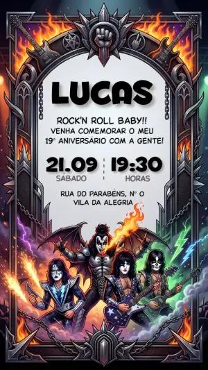 Convite de Aniversário Rock'n'Roll Estilo KISS Editável