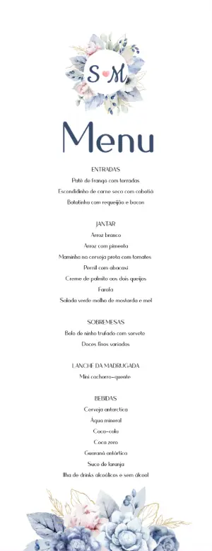 Menu Casamento Floral Azul Serenity para Editar Online