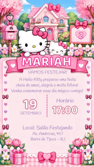 Convite de Aniversário Hello Kitty Rosa para Editar