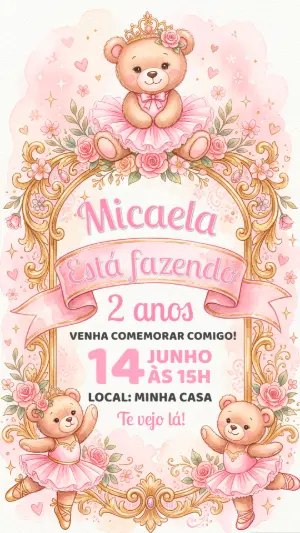 Convite de Aniversário Ursinha Bailarina Rosa Editável