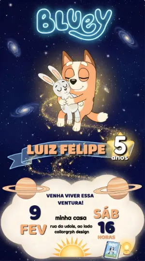 Convite de Aniversário Bluey no Espaço Modelo Editável