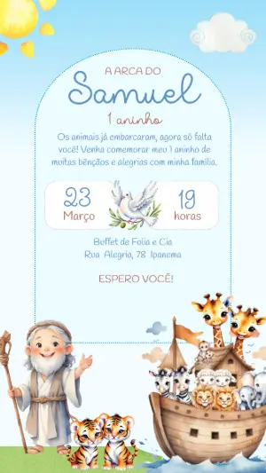 Convite Aniversário Arca de Noé com Animais para Editar Online