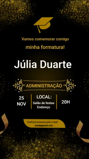 Convite de Formatura Elegante Preto e Dourado para Editar