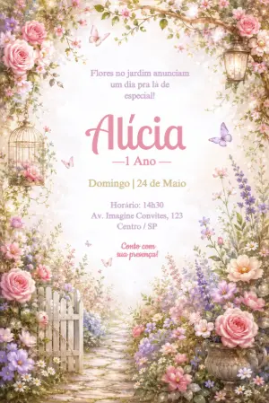 Convite de Aniversário Jardim Encantado Floral Editável