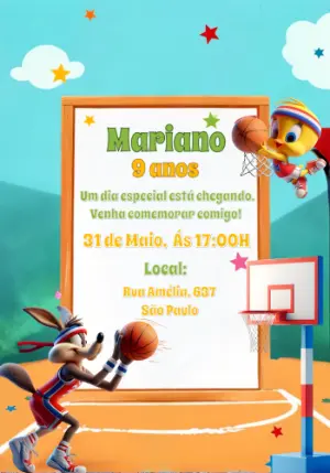 Convite Aniversário Looney Tunes Basquete para Editar Online