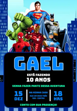Convite Digital Aniversário Infantil Tema Super-Heróis para Editar