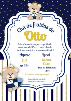Convite Chá de Fraldas Ursinho Realeza para Editar Online