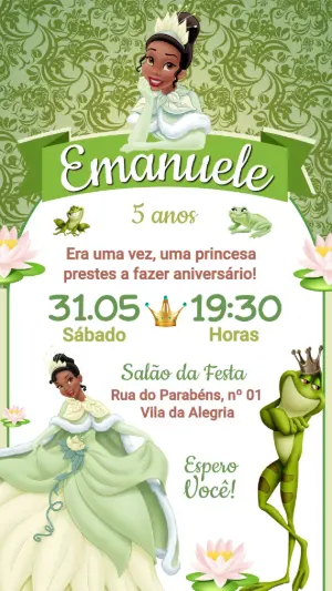 Convite A Princesa e o Sapo: Modelo Editável com Tiana