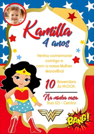 Convite de Aniversário Mulher Maravilha com Foto para Editar