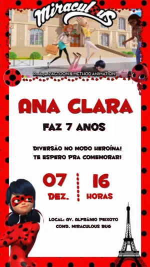 Convite Animado Miraculous Ladybug para Aniversário Editável