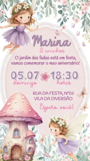 Convite Digital Aniversário Infantil Fada Aquarela Editável