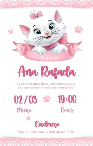 Convite Aniversário Gata Marie para Editar Online