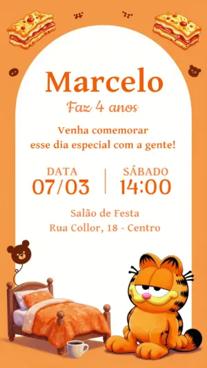 Convite de Aniversário Garfield Laranja Modelo Editável