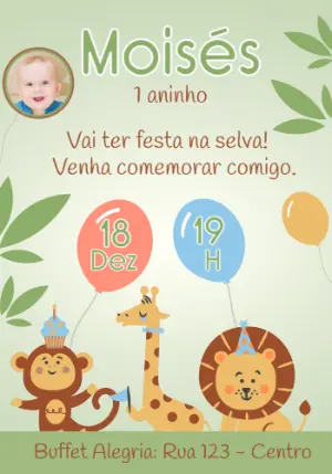 Convite de Aniversário Infantil Tema Selva com Foto Editável