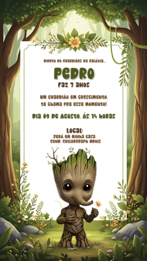 Convite Aniversário Baby Groot Guardiões da Galáxia Editável
