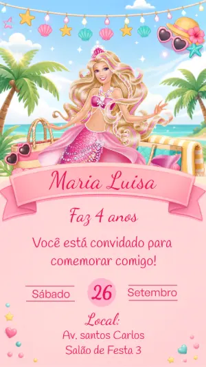 Convite Aniversário Barbie Sereia na Praia Editável