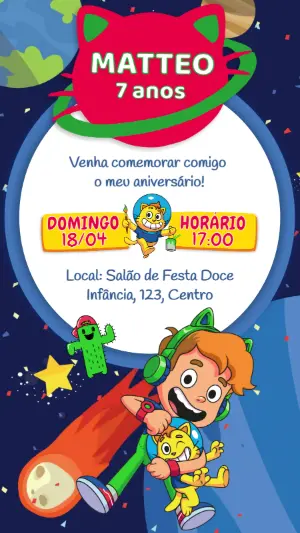 Convite Aniversário Gato Galáctico Menino para Editar Online