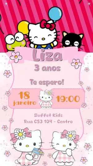 Convite Animado Hello Kitty Rosa para Aniversário Infantil Editável