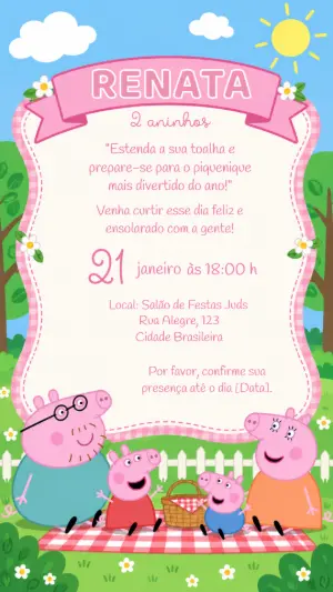 Convite de Aniversário Peppa Pig Piquenique Editável