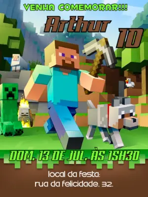 Convite de Aniversário Minecraft com Personagens para Editar
