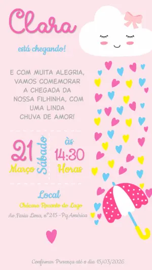 Convite Chá de Bebê Chuva de Amor Rosa para Editar