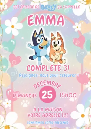 Invitation Anniversaire Bluey et Bingo Rose à Modifier en Ligne