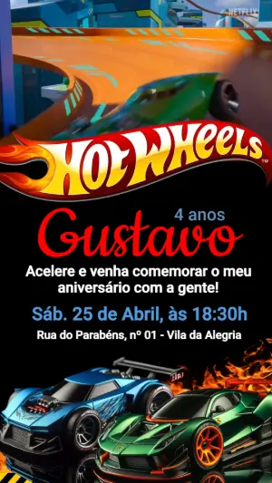 Convite Animado de Aniversário Hotwheels para Editar Online