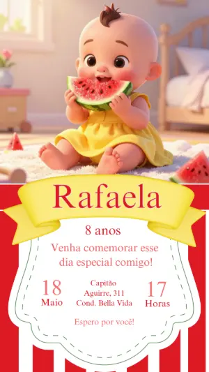 Convite de Aniversário Melancia Fofo com Bebê para Editar