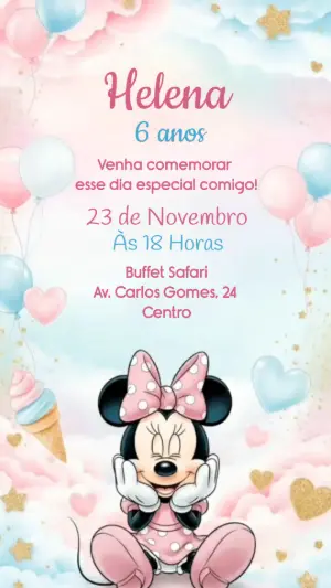 Convite Animado Aniversário Minnie Rosa nas Nuvens para Editar