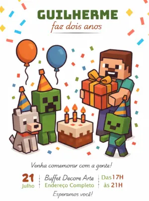 Convite Aniversário Minecraft com Personagens para Editar Online