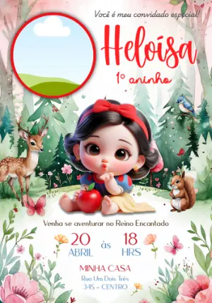 Convite com Foto Branca de Neve Baby no Bosque para Editar