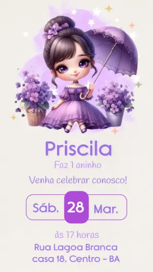 Convite de Aniversário Boneca Lilás para Editar