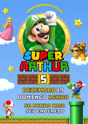 Convite de Aniversário Luigi Super Mario para Editar Online