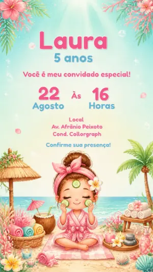 Convite Aniversário Spa Day na Praia | Modelo Digital Editável