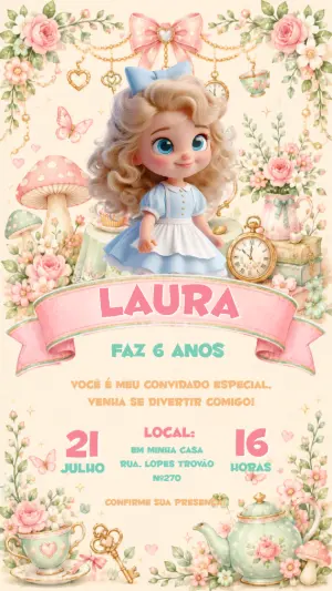 Convite de Aniversário Alice no País das Maravilhas Editável