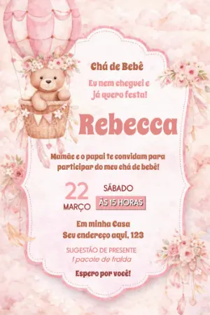 Convite Chá de Bebê Ursinha no Balão Boho Rosa Editável