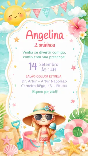 Convite de Aniversário Praia Menina Loira para Editar