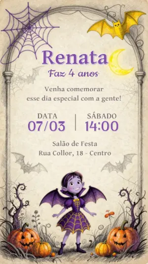 Convite Aniversário Halloween Infantil Menina Vampira Editável