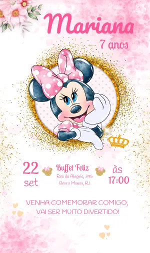 Convite Aniversário Minnie Realeza Rosa e Dourado para Editar