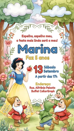 Convite Aniversário Branca de Neve e os 7 Anões para Editar