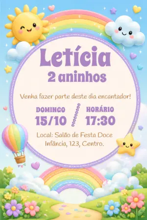 Convite de Aniversário Arco-íris Fofo para Editar