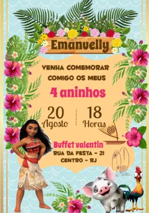Convite de Aniversário Moana Editável para Enviar Online