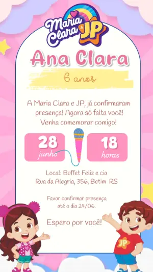 Convite de Aniversário Maria Clara e JP para Editar Online